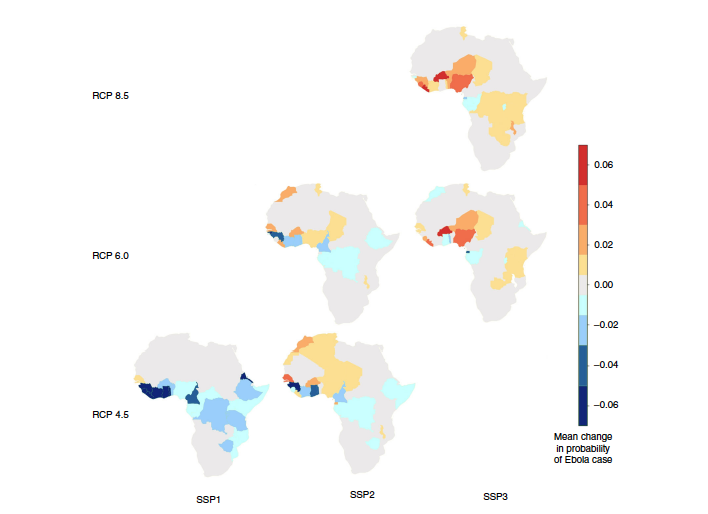 科學家用圖示說明在不同排放情境下的伊波拉病毒擴散風險。來源:Redding et al. (2019)