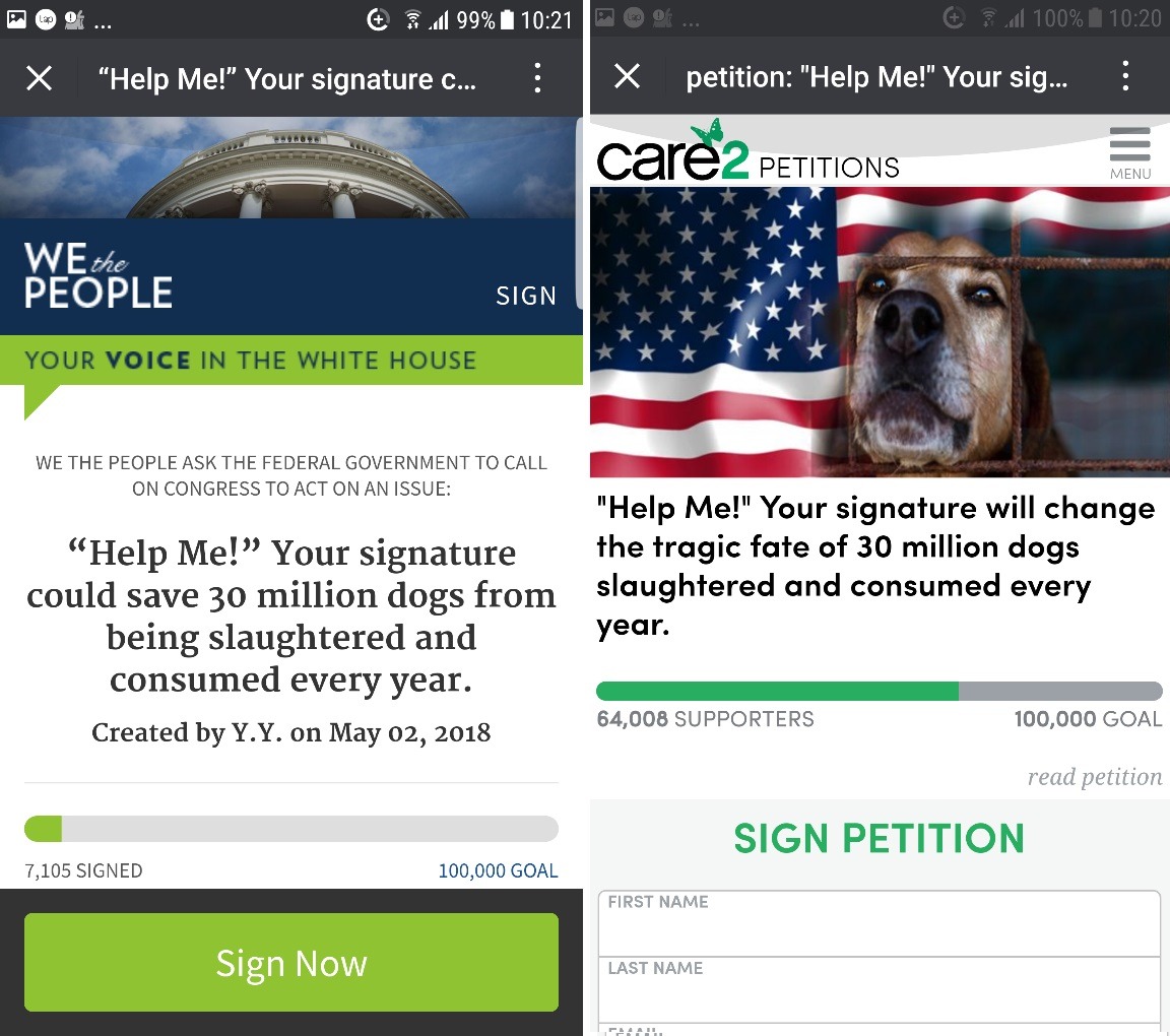 這是5月14日上午的截圖,5月2日開始的白宮連署人數僅為7,105人,5月10日才在CARE2平台展開的相同訴求連署案,已達到64,008人。