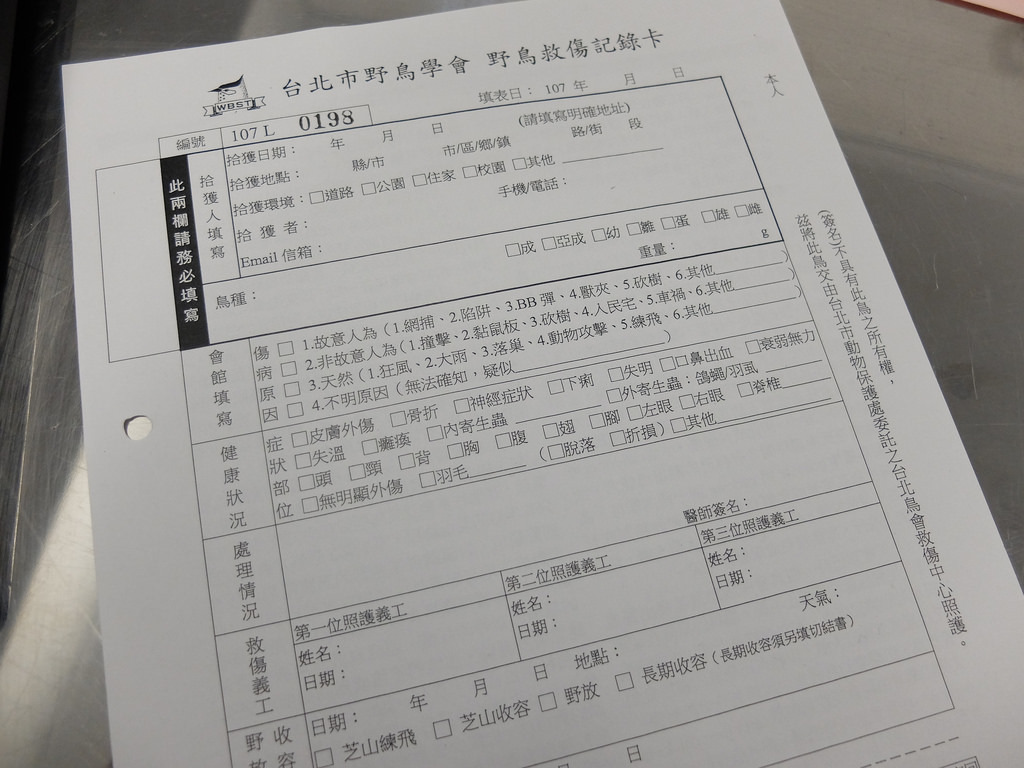 當傷鳥送來，除了請民眾填寫拾獲資訊，救傷中心也會記錄傷鳥照護情形，接著才能從所填資料，了解全年度的傷病鳥狀況。攝影：林睿妤。