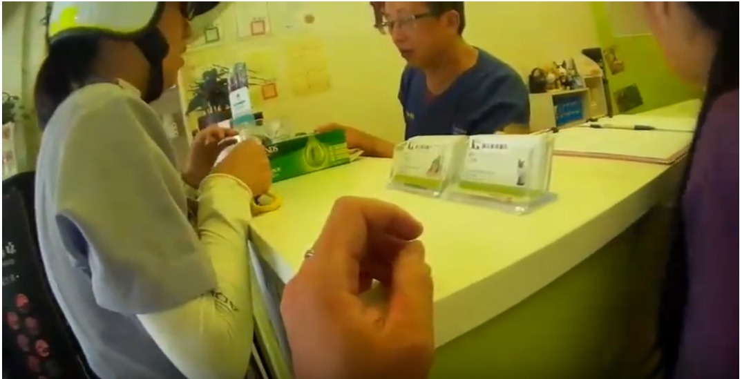 員警將虛弱的小奶貓送到動物醫院檢查。雨林/翻攝