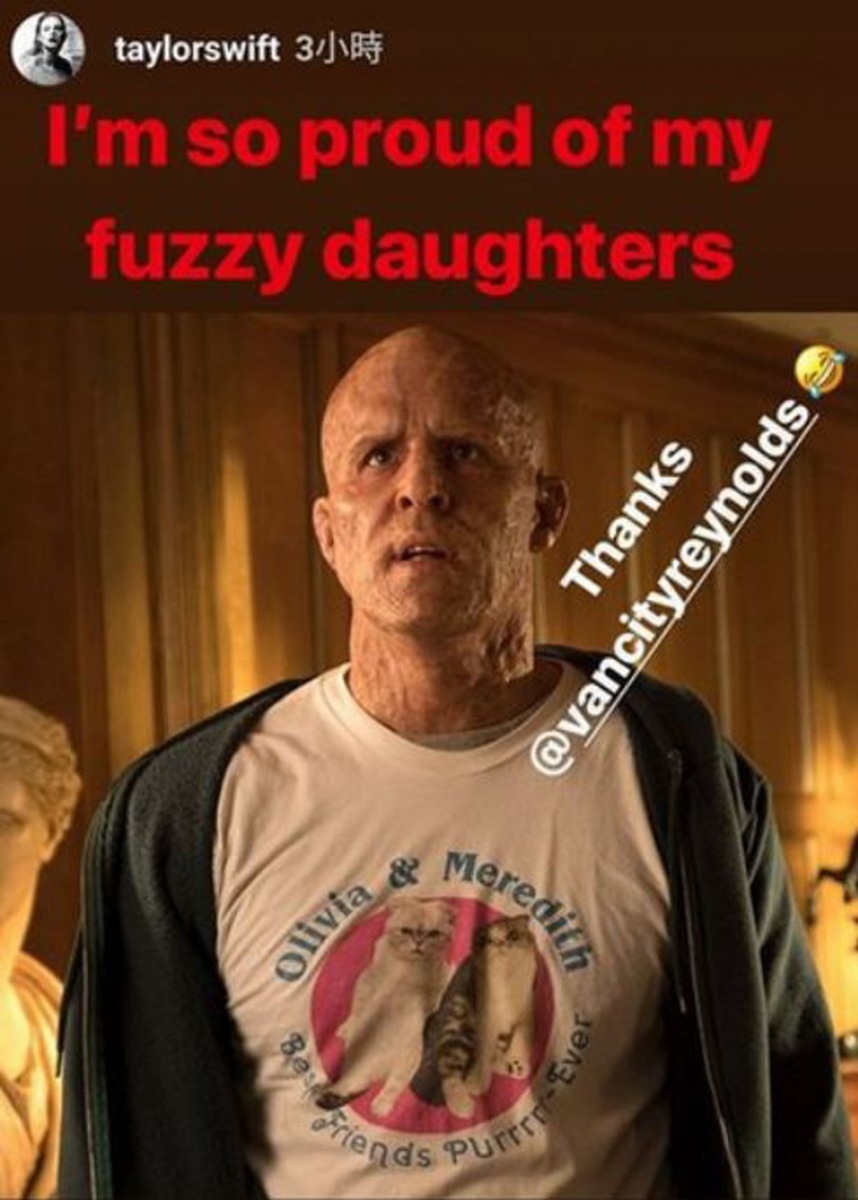 《死侍2》裡死侍穿著的T-shirt，印著的就是Taylor Swift兩隻愛貓。（instagram@taylorswift）
