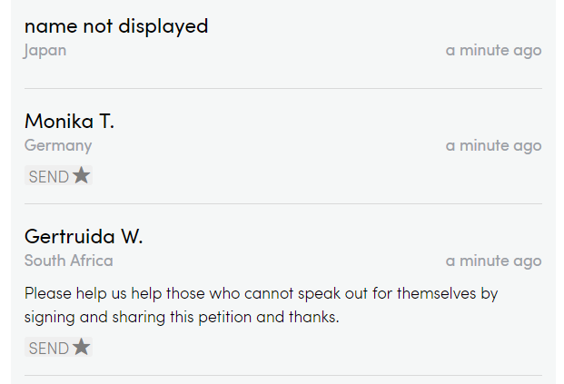 CARE2平台會顯示連署人的姓名(也可要求不顯示)、所在地和簽署時間,簽署人也可表達支持立法的原因和心情。 網路截圖