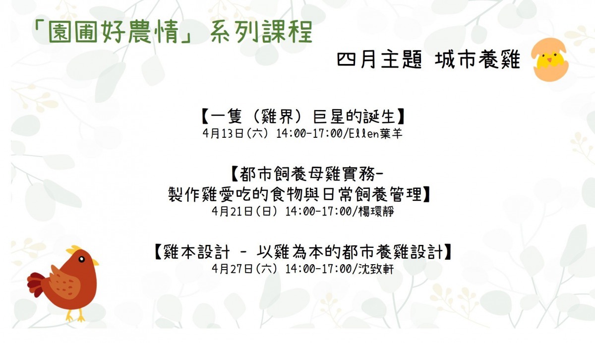「園圃好農情」系列課程，4月份主題「城市養雞」。北市產發局/提供