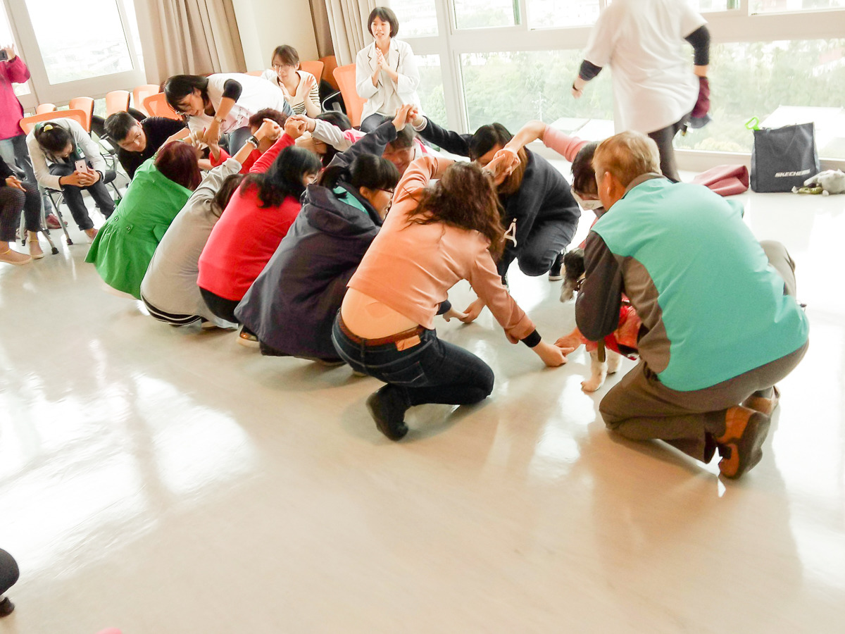 現場兩隻狗醫生與老人和身障者互動。國立暨南國際大學/提供