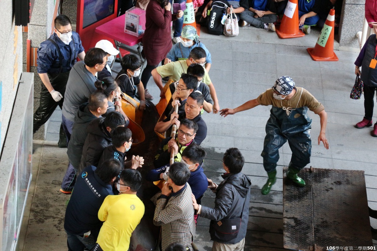 關渡國小同仁和救援志工合力抬起超過300公斤的「關關」。北市關渡國小/提供