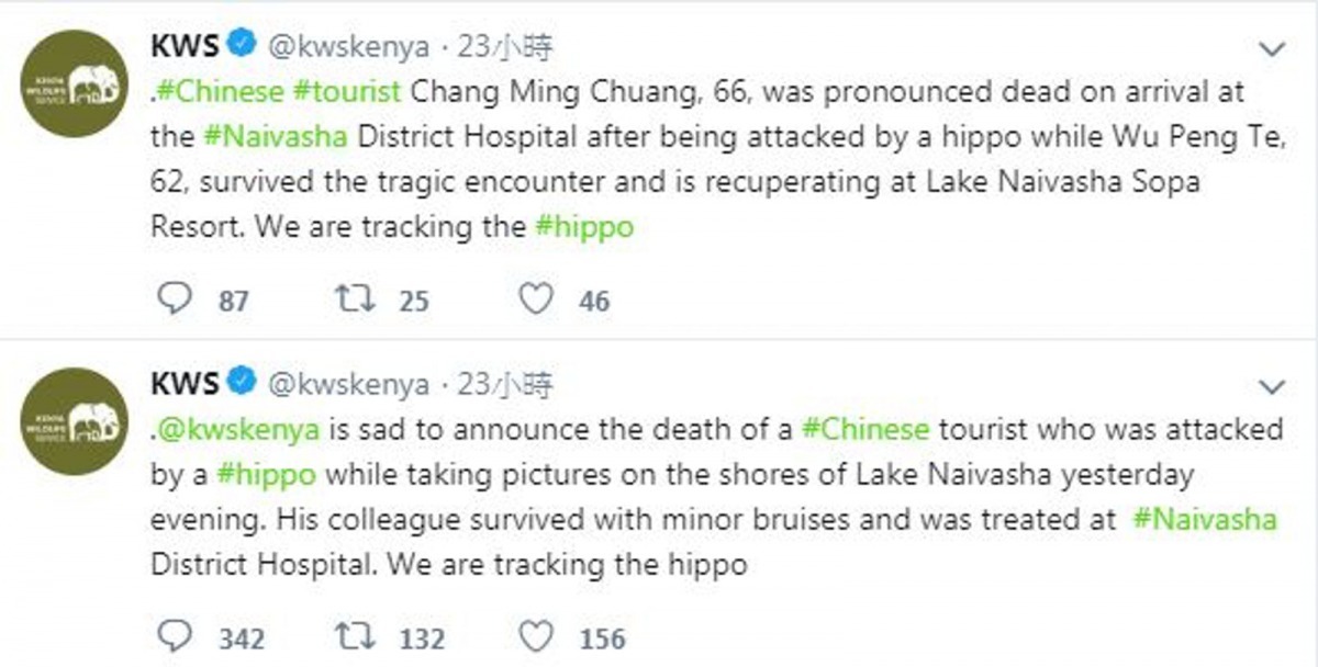 肯亞野生動物管理局事發後於官方Twitter表示正積極追蹤肇事河馬的下落。（Twitter：KWS）