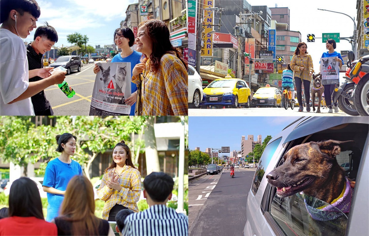 越籍大學生青緣（黃衣）和同學蘭英（藍衣）帶著狗狗「阿呆咕」前往越南移工假日聚集地，進行「禁止宰殺食用貓狗」的宣導。   取自台灣動物平權促進會