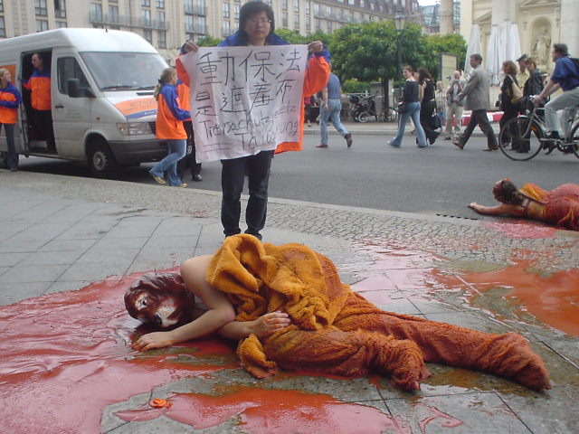 德國動物保護團體到柏林代表處演出台灣捕抓流浪犬的行動劇。劉威良/攝