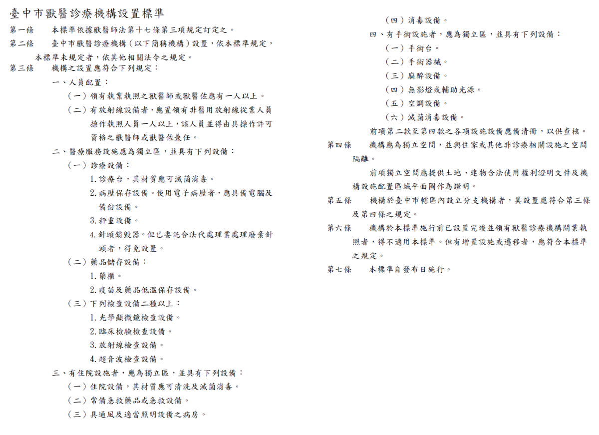 「台中市獸醫診療機構設置標準」於12月4日發布施行。台中市動保處/提供