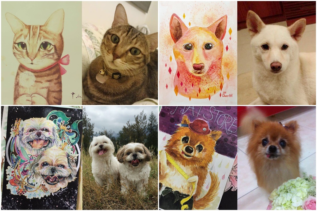 展出畫作與原圖，分別為畫家張尹心+貓咪七仔(左上)、畫家哈娘+狗狗Gucci(右上)、畫家小島樂園+狗狗多多&寶寶(左下)、畫家Maki+狗狗酷比(右下)。　高雄市流浪動物保育協會/提供