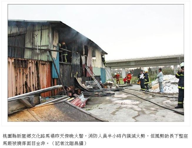 6年前桃園新屋鄉一馬場失火，1匹馬、3隻山羊被燒死，該馬匹即是退役血清馬。　翻攝自由時報