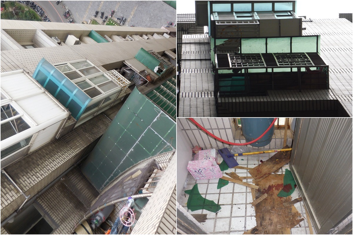 犬隻從12樓頂樓掉落至8樓,穿破住戶的遮雨棚墜落陽台,因而獲救。 基隆市動物保護防疫所/提供