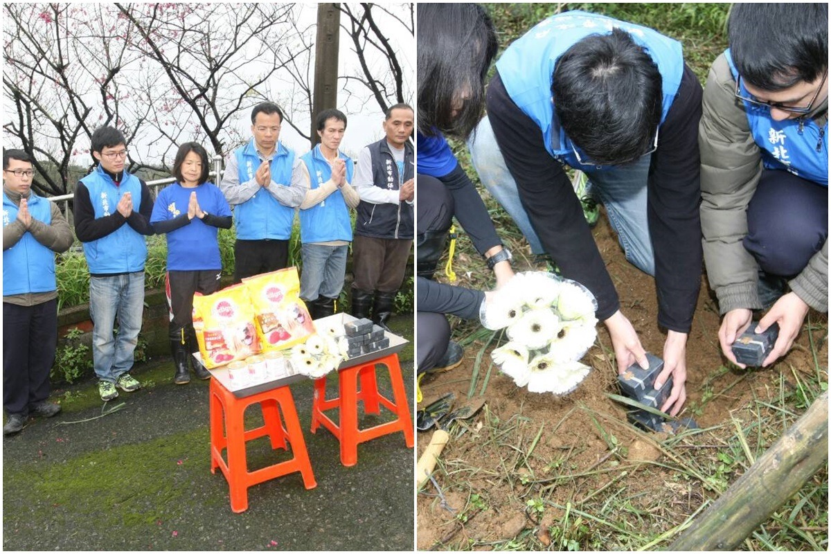 新北市動保處18日舉行間單的祭祀儀式，將林口不法繁殖場中的17隻狗兒以樹葬方式安葬。　新北市動保處/提供