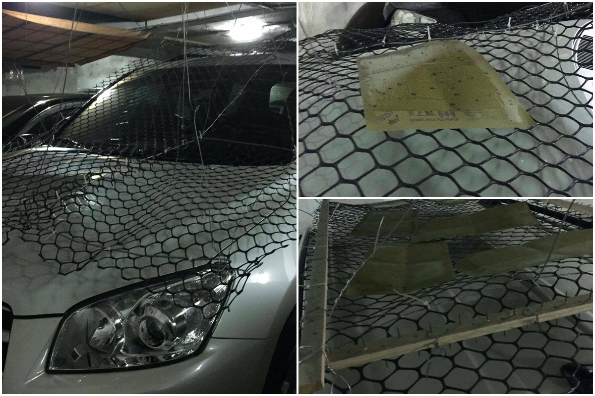 男子在車頂上鋪上鐵絲網,並放置充滿鐵釘的木條與黏鼠板,防止動物靠近。 許先生/提供