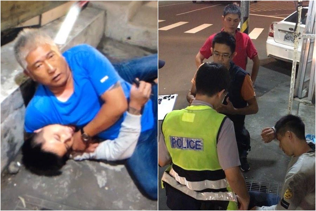 豆漿哥(藍衣)將嫌犯制伏,警方隨後到場。 台灣N.O.E.行動組織/提供