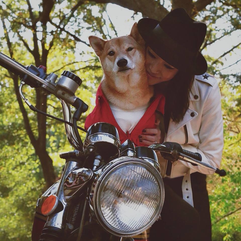 雖然菩提不會騎車，女模特兒還是覺得牠非常帥氣。 取自Menswear Dog臉書