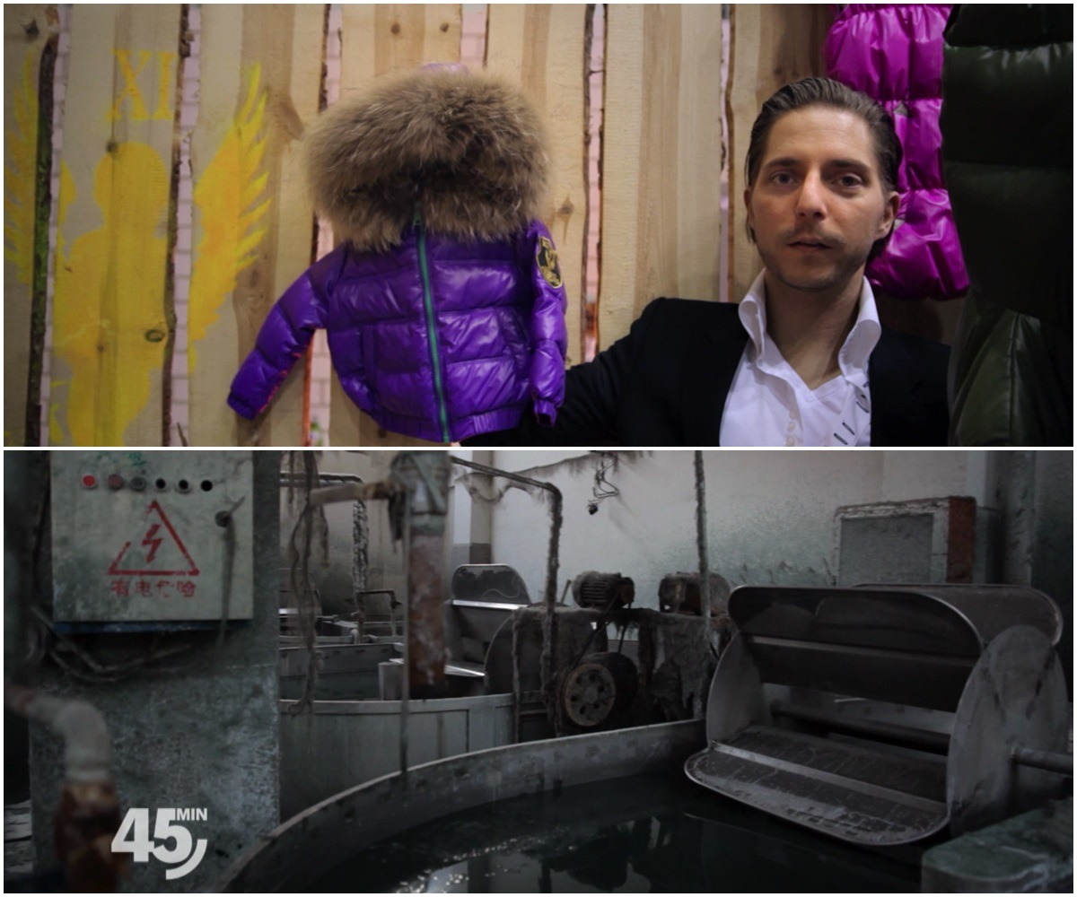 市場上的含有皮草的兒童服裝、德國紀錄片《皮草的真相》鏡頭下皮草的製作環境。　行動亞洲/提供