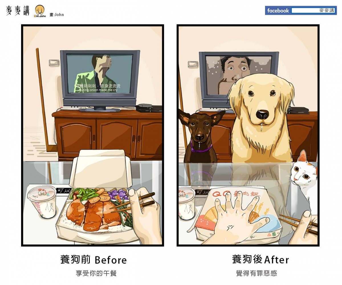 養狗之後，享用美食都會有渴望的眼神凝望著你，許多飼主都曾告誡過自己「不能心軟！」　取自麥麥講專頁