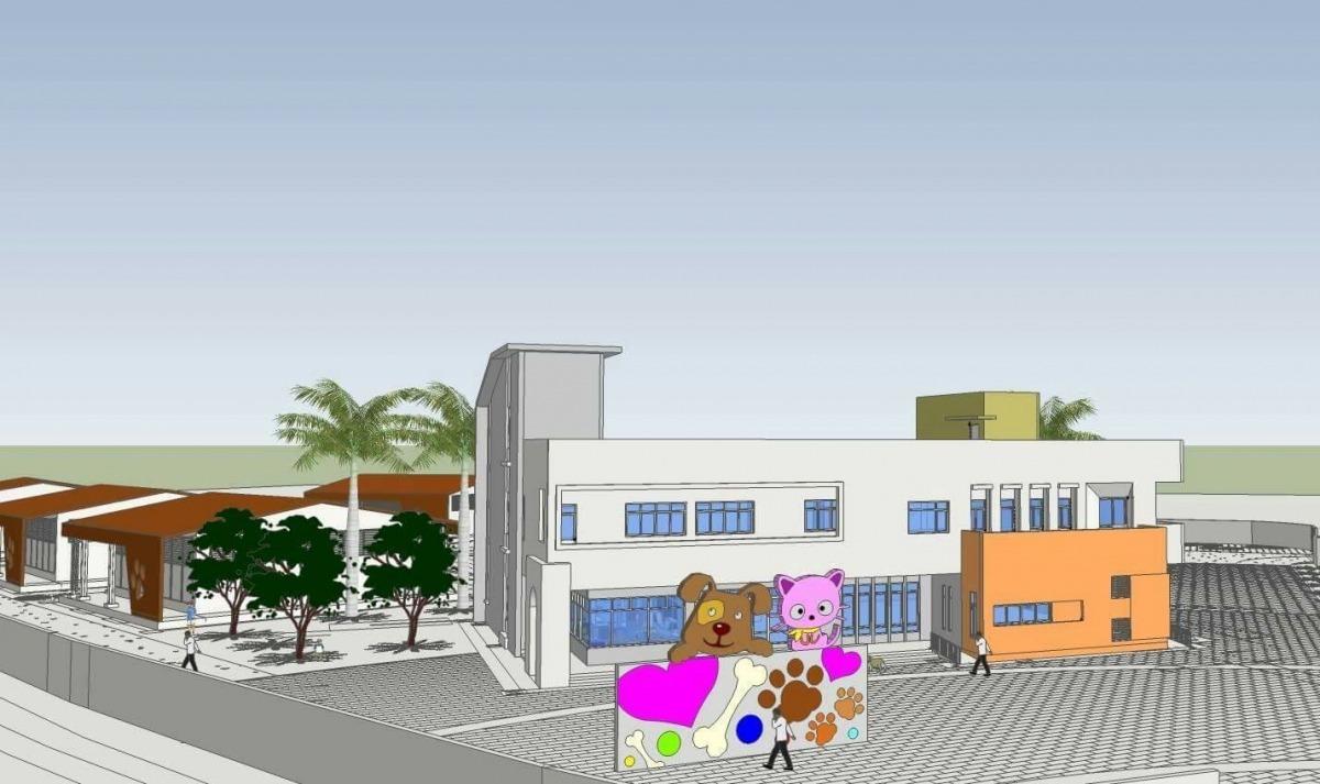 彰化縣可愛動物教育園區設計圖，圖中可見犬舍(左側建築)、植栽、行政中心(右側建築)等。　台灣動物新聞網資料照(賴澤民/提供)