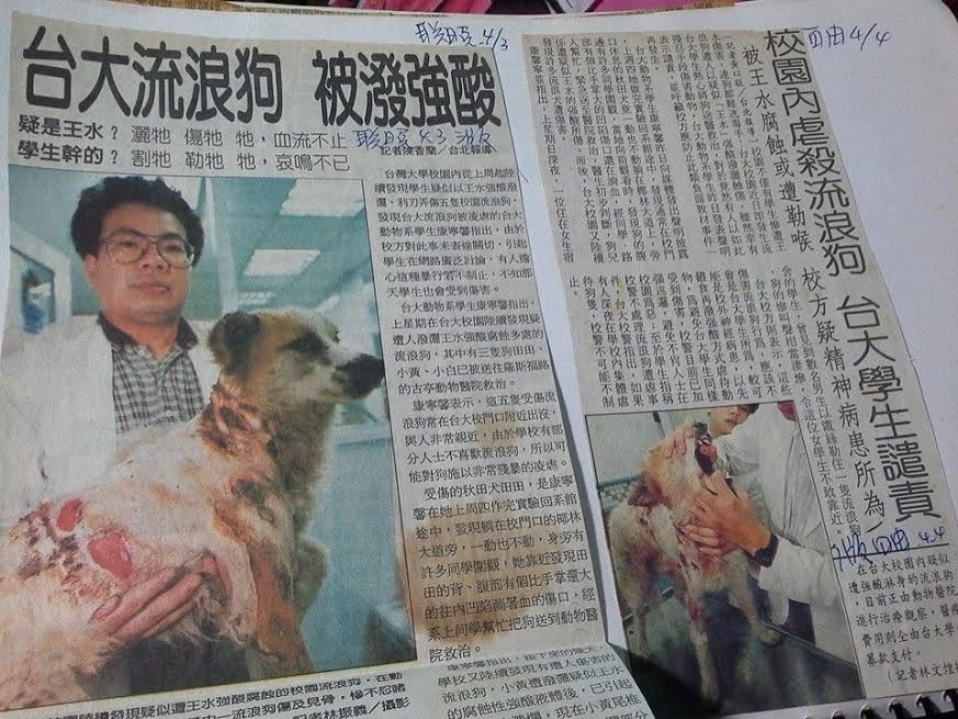 1998年台大校園內發生硫酸潑狗事件。　黃宗慧/提供，取自黃奕瀠臉書