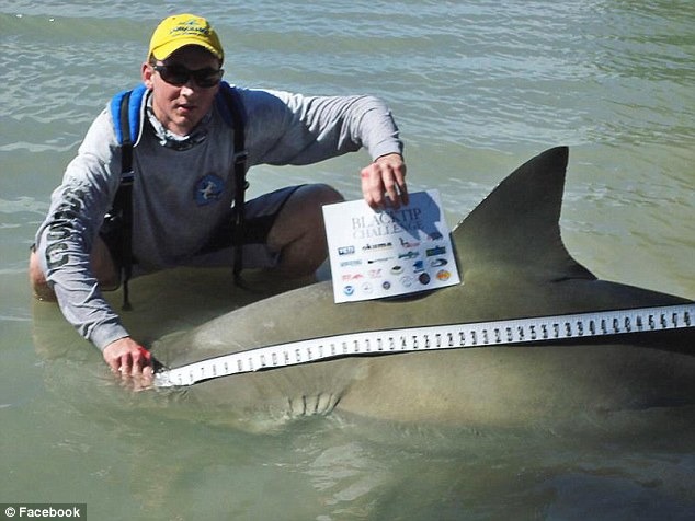 參賽者釣到鯊魚後必須測量鯊魚鯊魚身長並與鯊魚合影。　取自Dailymail