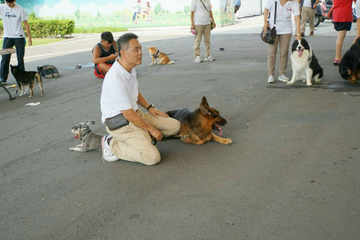 蔡文揮在公園幫飼主訓犬，照片中狼犬為布丁。　蔡文揮/提供