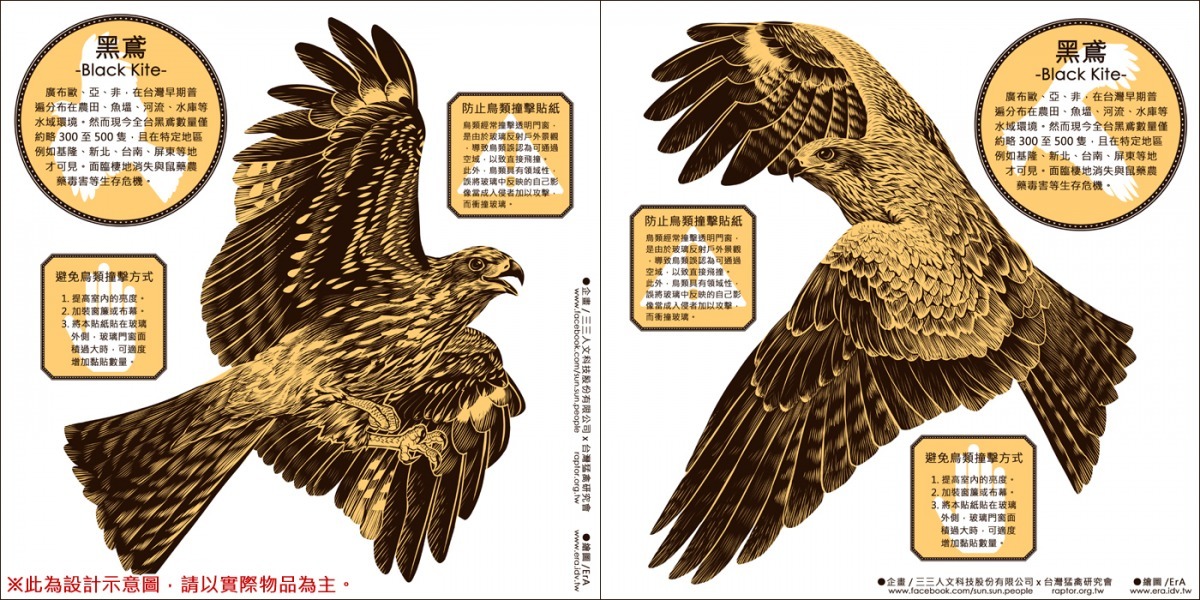 「讓老鷹回到台灣天空」募資計畫邀請漫畫家ErA繪製黑鳶款防撞貼紙，做為回饋品之一。　取自「讓老鷹回到台灣天空：募集 2016黑鳶研究基金」募資專頁