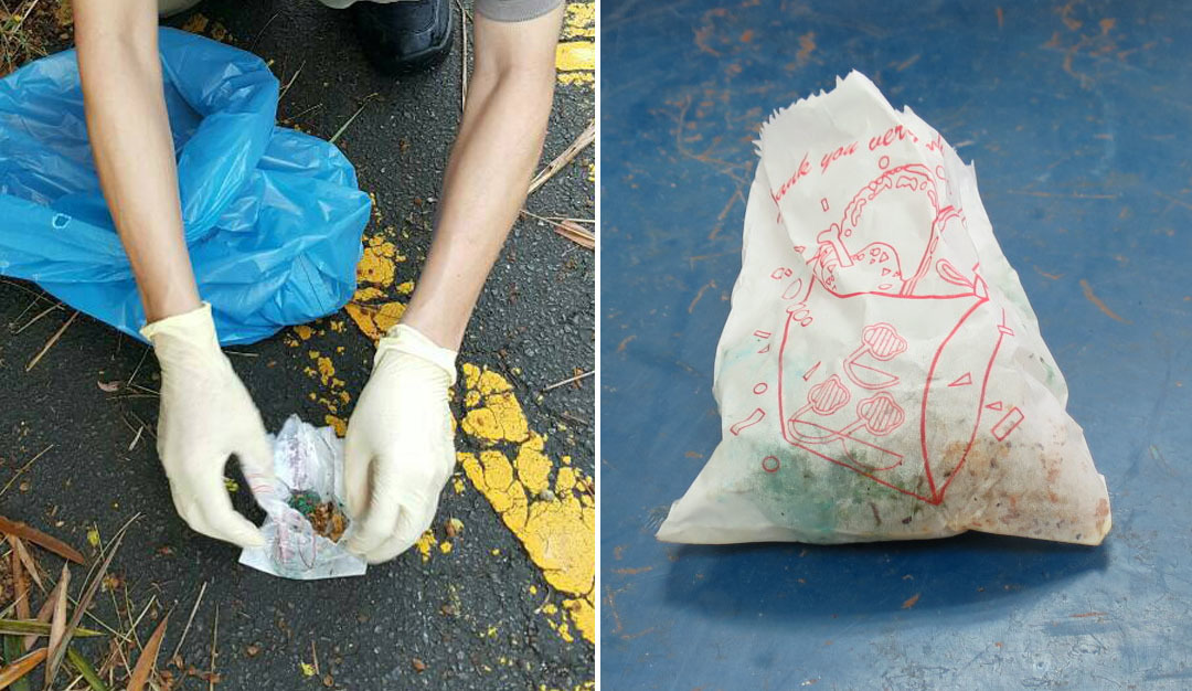 毒狗人將餌油炸加工,偽裝成一般食物殘渣棄置路邊。 台中市動保處/提供