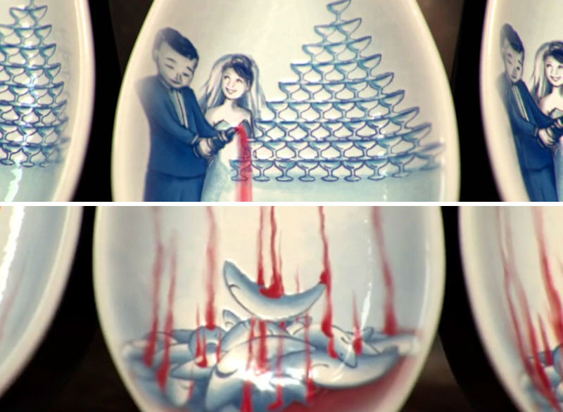 新人婚宴菜單上若是有魚翅料理,往往一場就會殺死數十隻鯊魚。 影片截圖