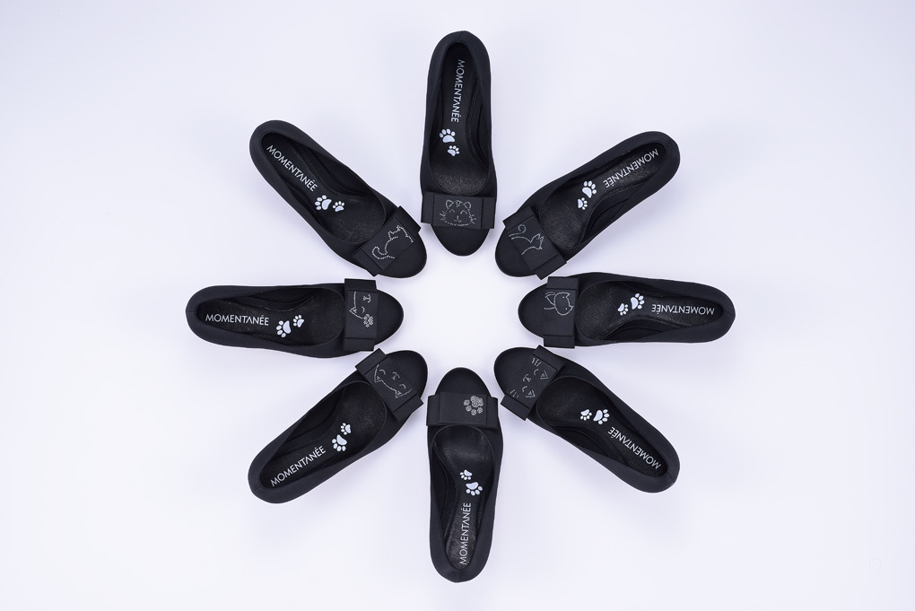 原版禮賓鞋與「First Cat」設計款銷售的一半款項將會捐給動保團體做為幫助流浪動物的基金。　MOMENTANÉE/提供