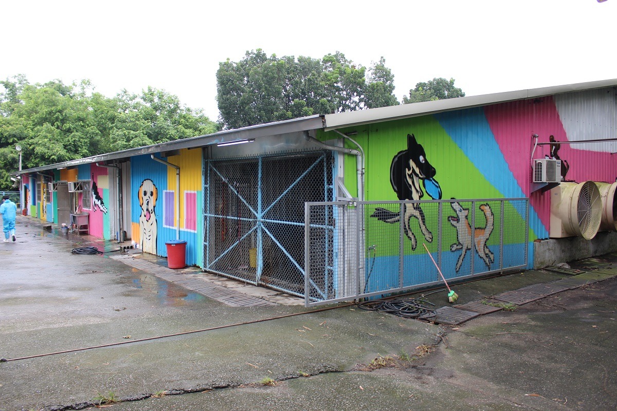 屏東縣流浪動物收容所外觀，右方大抽風機能幫助降溫、維持通風。　李娉婷/攝