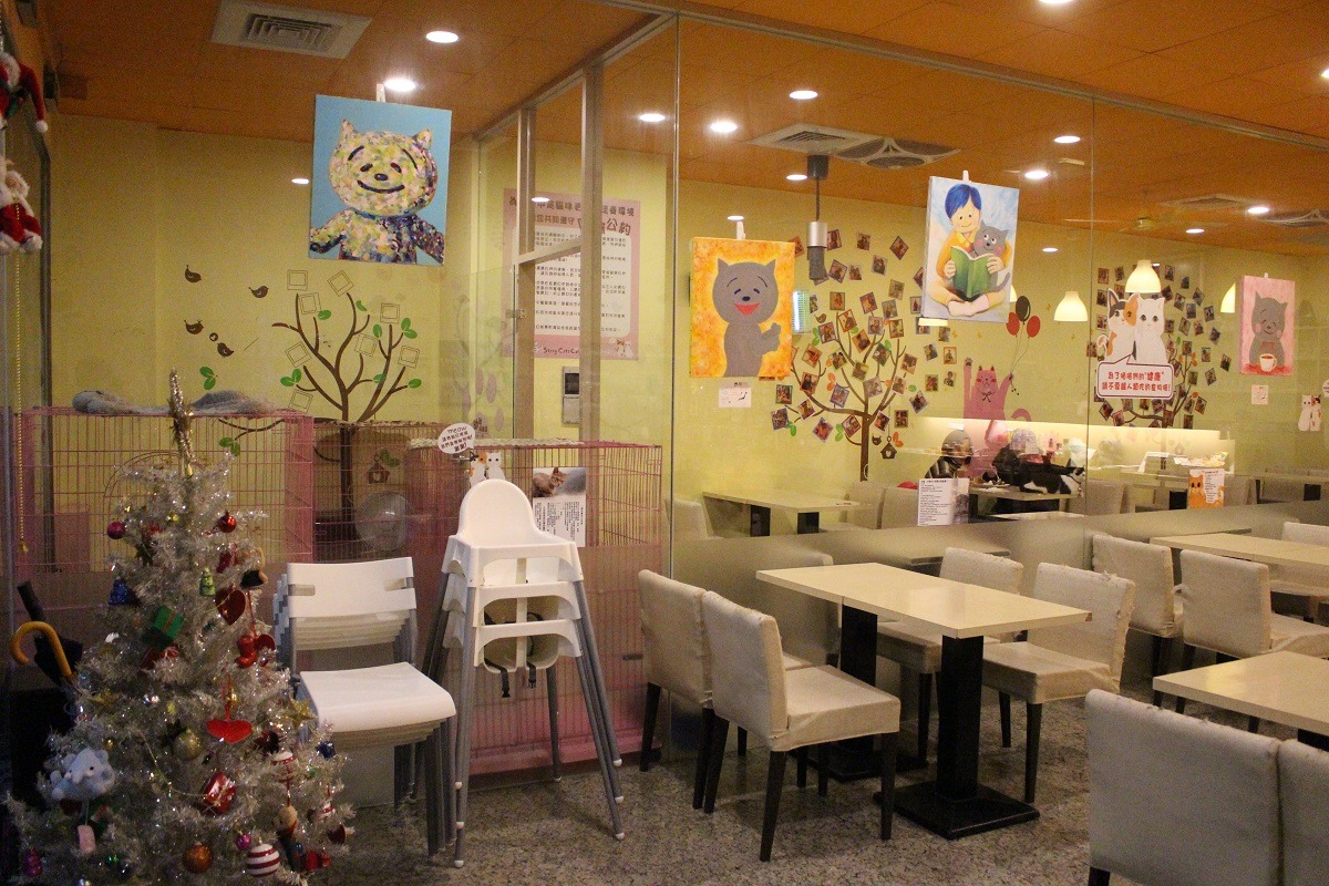 野喵中途咖啡分為新進貓咪隔離區、互動區與一般區，中途貓咪們在隔離區與互動區活動，進入需要消毒雙手；為了保護中途貓咪，民眾的貓只能在一般區玩，不能進入隔離區與互動區。　李娉婷/攝