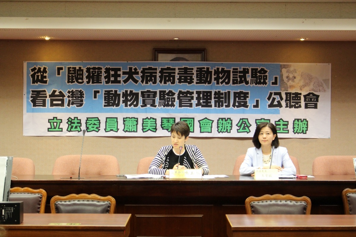 立法委員蕭美琴召開公聽會，邀請各專家與政府相關部門，對受爭議的狂犬病病毒活體試驗做討論，立法委員王育敏也偕同主持。 李娉婷/攝