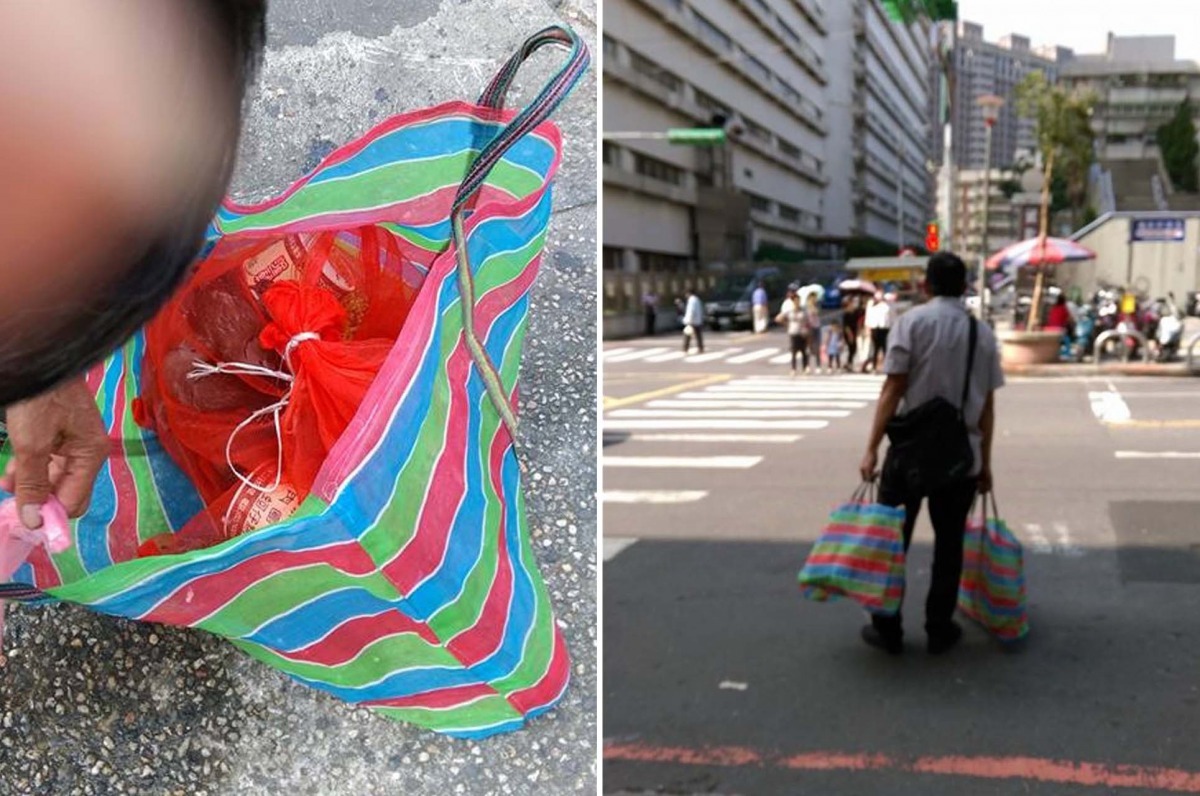 王姓攤販直接將所有鳥隻裝進袋中，在動保員到來前離去。　基隆市動物保護防疫所/提供（檢舉民眾攝影）