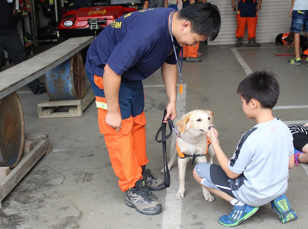 陪伴犬協會開始協助新北市消防局後，新北市消防局也加入陪伴犬協會「關懷弱勢」的行列，圖為搜救犬與失親兒互動。　李娉婷/攝