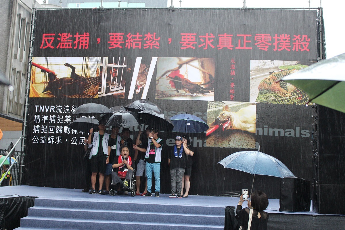 台灣貓狗人協會執行長黃泰山在大雨中說明集會訴求。　李娉婷/攝