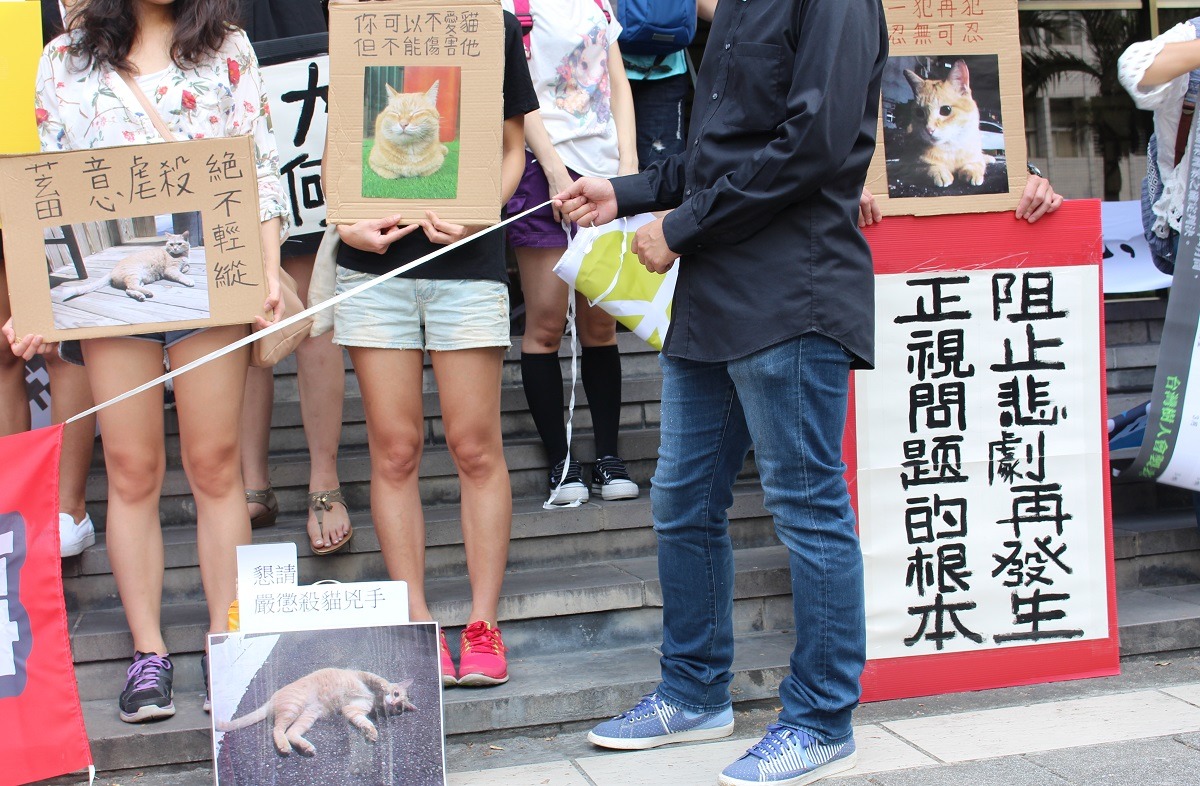 大橘子案開庭前的記者會上，民眾帶來的標語以訴求為主，沒有過往類似場合中會看到的情緒性字眼。　台灣動物新聞網資料照(李娉婷/攝)