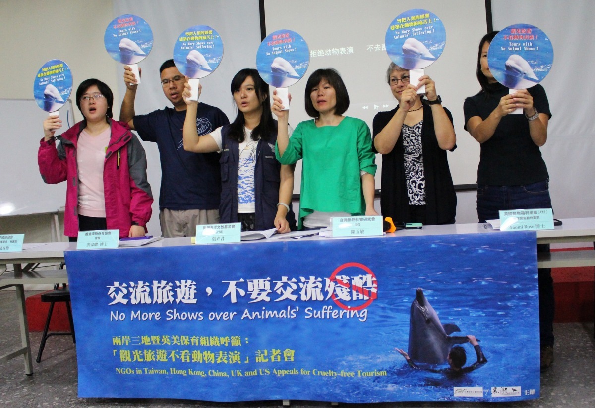 多個動保團體聯合呼籲台灣民眾旅遊別選擇含鯨豚表演的行程。　李娉婷/攝