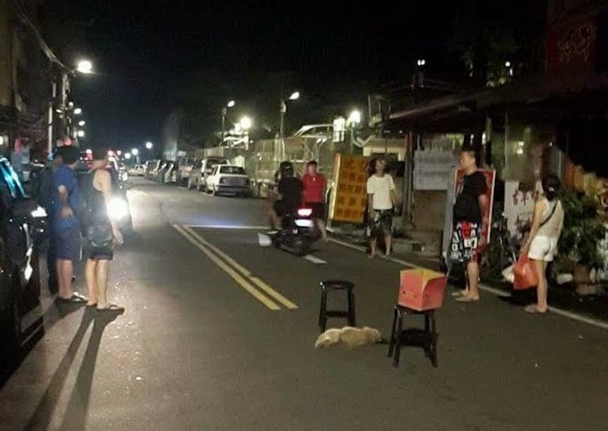 狗兒掉在馬路正中央，雖然時間已晚，仍引起許多民眾圍觀。　　基隆防疫所/提供