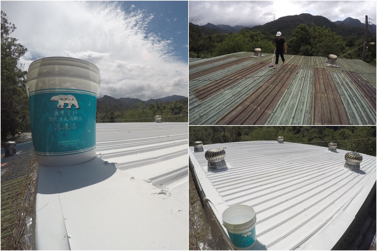 貓舍屋頂塗裝前後，展璽公司表示，塗料除了能降溫外，還能保護屋頂表面、防鏽蝕，37坪的塗料與工程市價約66600元。　展璽國際節能有限公司/提供