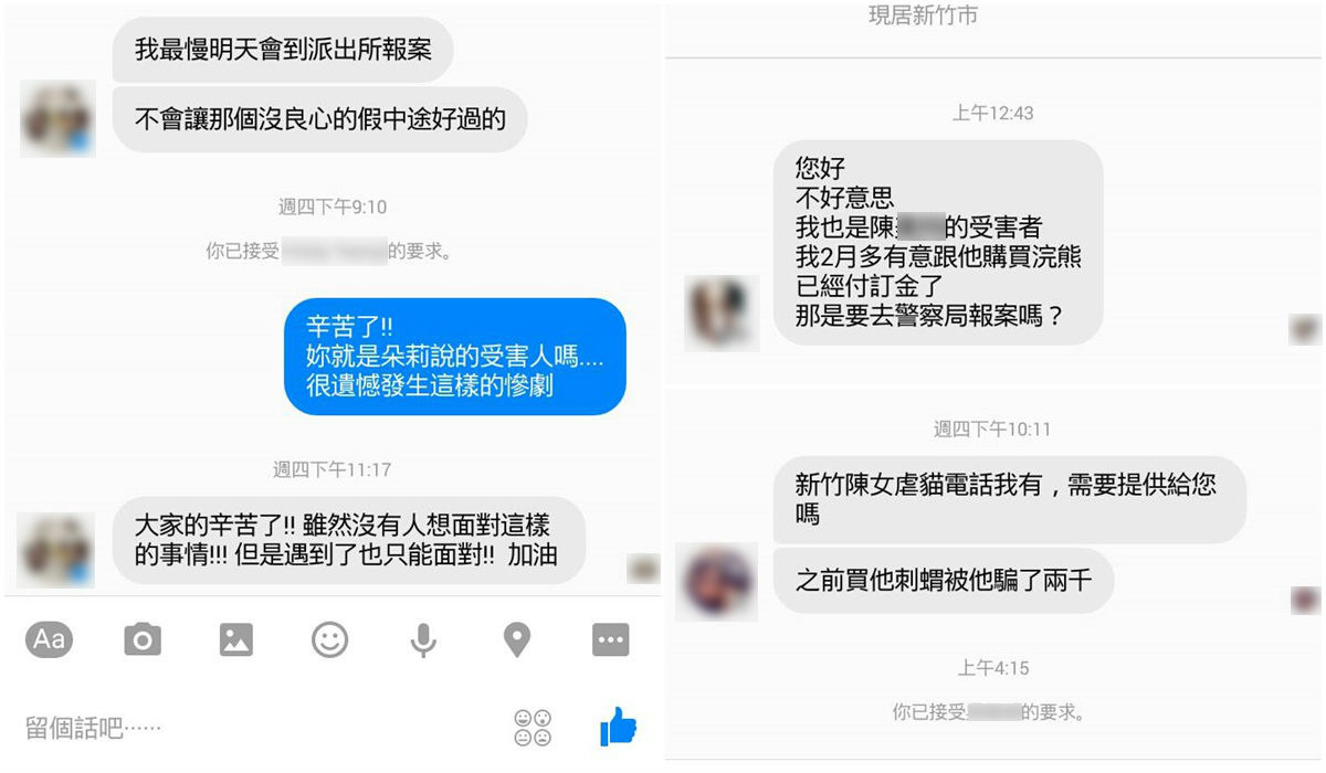 貓吃貓事件爆發後，陸續有民眾出面指認受騙。　匿名志工/提供