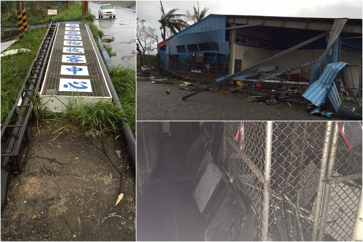 台東縣流浪動物收容中心遭到尼伯特颱風重創，房舍嚴重損害、停水停電。　台東縣動物防疫所/提供