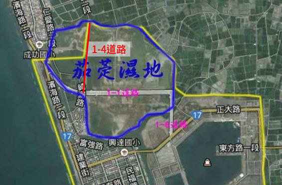 預定開發的茄萣1-4號道路會將茄萣濕地一分為二。　中華鳥會/提供