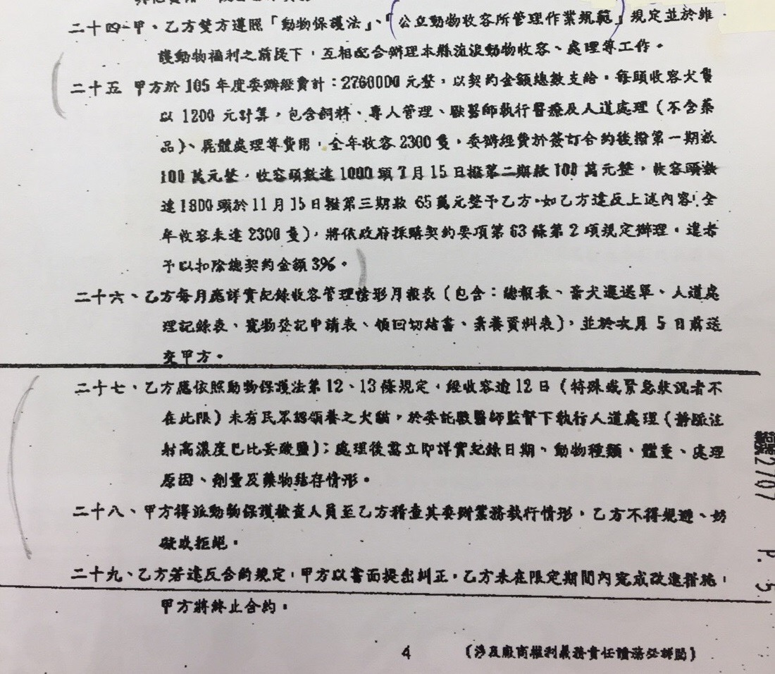 合約書中有列出全年收容隻數未達2300隻將扣款，但對於違反動保法、公立動物收容所管理作業規範部分，則未有罰款。　TSPCA/提供