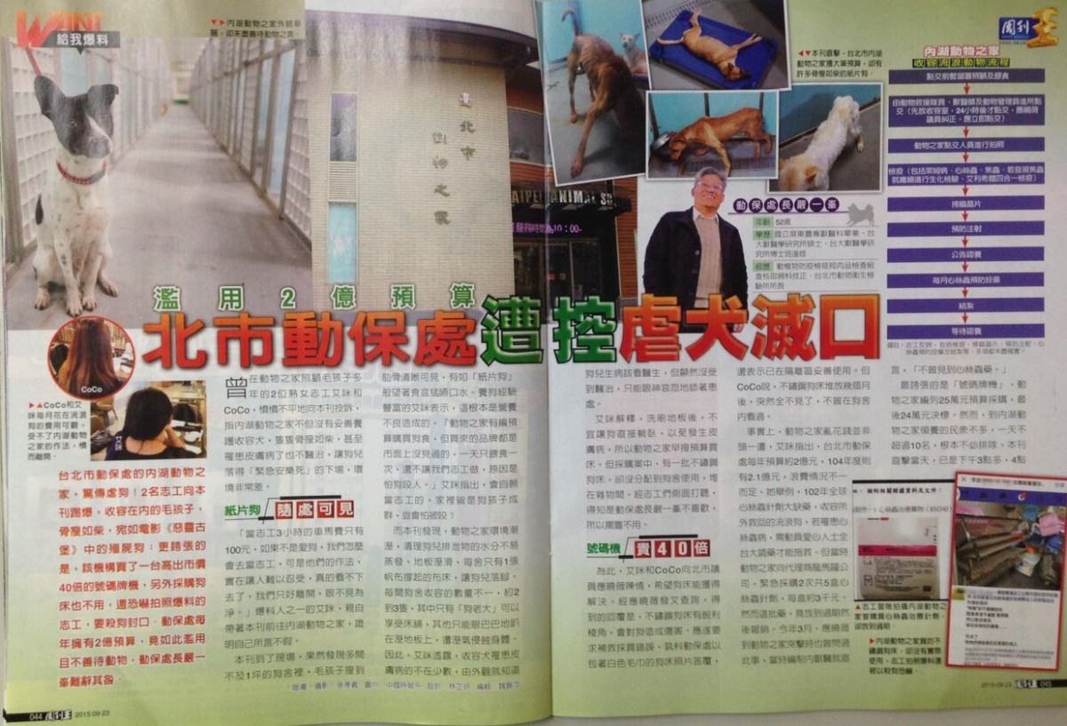 周刊大篇幅報導稱台北市動物之家虐犬、紙片狗隨處可見，並為了堵住志工的嘴，以狗命要脅。　網友提供