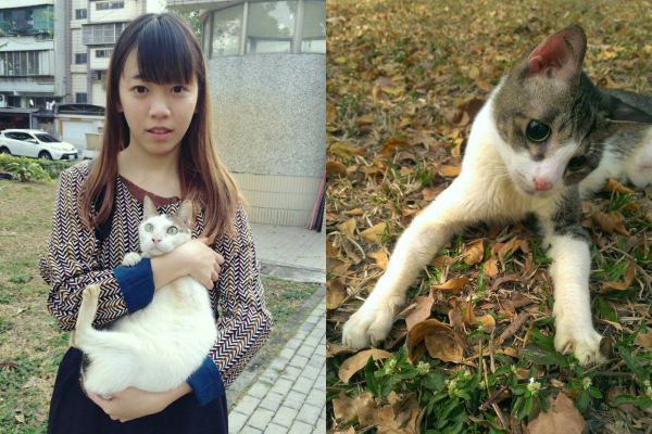 小白(左圖)眼睛無法對焦、歪歪眼睛看不見,幸好都遇上了陳奕潔(左)一家人。 陳奕潔/提供