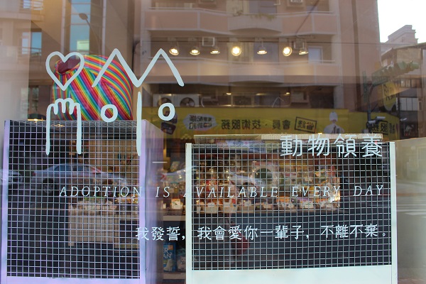 跑市場的玻璃牆面清楚寫著「動物領養」。　江幸芸/攝
