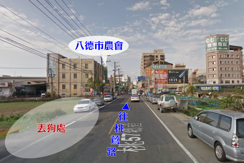 從國道二號與和平路交界處起,到八德市農會間都有志工拾獲棄犬。 取自Google地圖