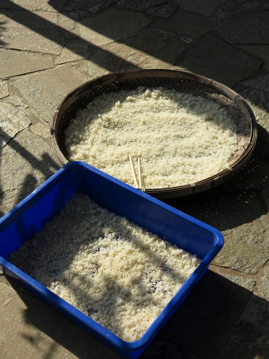 一位在銀行上班的員工每天帶回同事吃剩下的米飯餵雞，由於數量太多，得將米飯曬乾存放。高維奇/攝