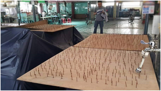 某些夜市的攤位會擺放釘子板驅逐流浪貓，和友善動物的夜市差異甚大。瑭芯/攝